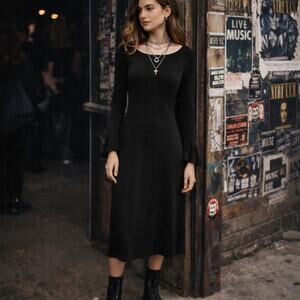 Lauren Ralph Lauren Black Midi Dress S Ruffle Sleeve Minimal 90s Vibes